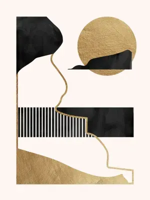 KIT 3 QUADROS DECORATIVOS - Abstrato Formas Douradas e Preto